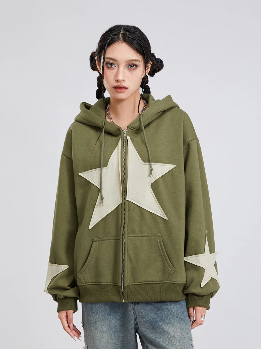 Womens Autumn Casual Hoodie Long Sleeve Star Printed Zipper Drawstring 240821
