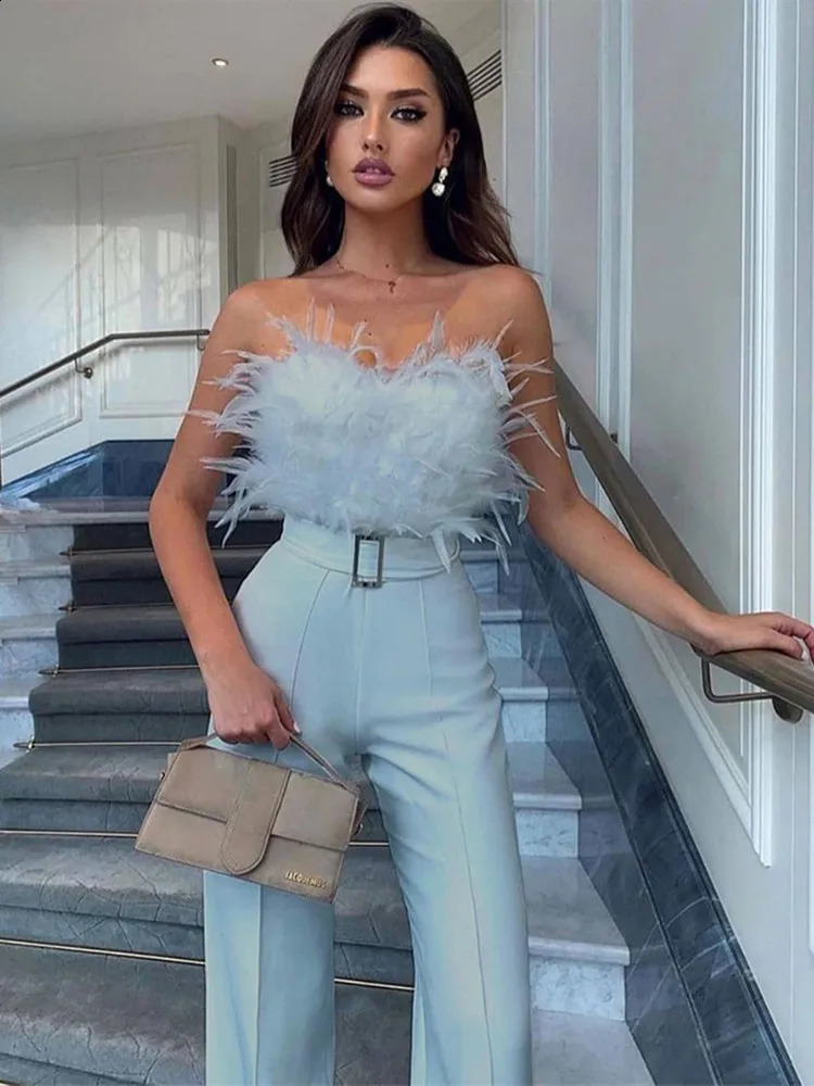 hirigin Women Elegant Long Jumpsuit Strapless Slash Neck Feather Tube Top Sexy Fashion Party Night Evening Jumpsuit Summer 240820