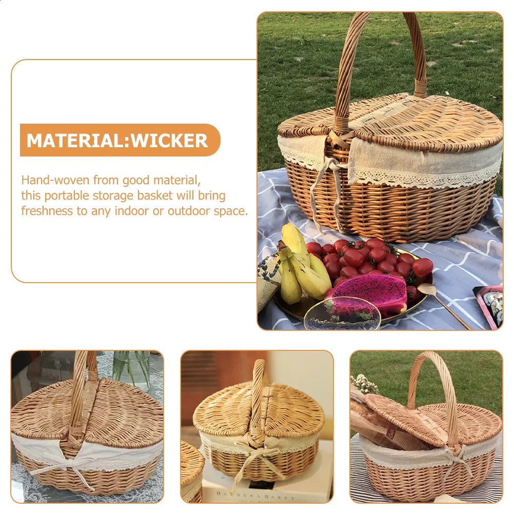 Picnic Fruit Storage Basket Easter Household Snack Container Wicker Basket with Lid Multi-function Wicker Basket Home Supply 240820