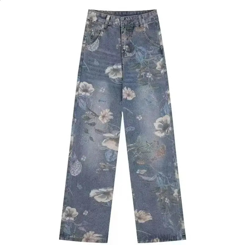 Mens Flower Printed Jeans Y2k Graphic Denim Harajuku Gothic Mid Waist Straight-leg Pants Man Korean fashion Streetwear 240821