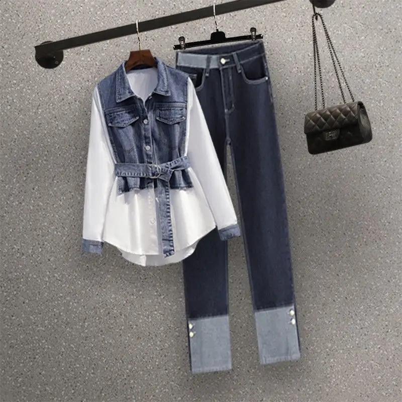 Spring and Autumn Womens Jeans Set Fashion Patch Work Belt ShirtHigh Waist Jeans 2-piece Set Womens Clothing Set 240821