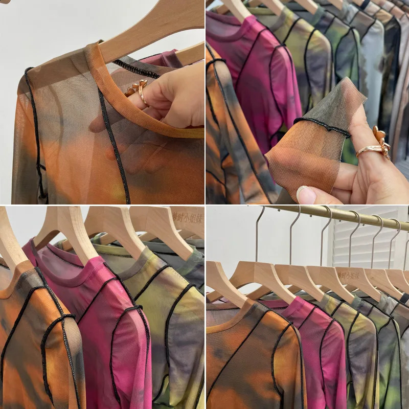 Vintage dyed printed sexy See Through Mesh ultrathin long sleeved top Y2K Tshirt party casual essential streetwear 240820