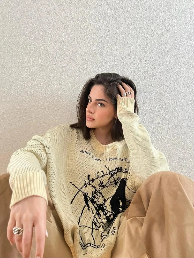 Aesthetics Retro trend Knitted Sweater Gothic Pullover Harajuku Cotton Sweater Mens Womens Warm Loose Knitwear streetwear y2k 240821