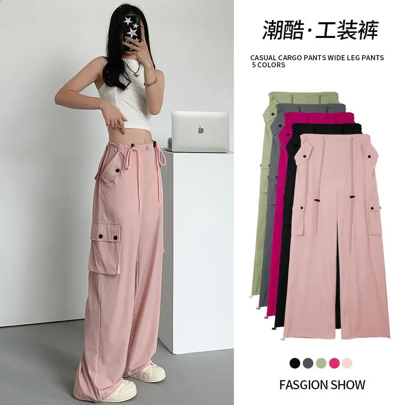 Retro high waisted straight leg womens casual sports pants pink cargo fashionable multi pocket 240821