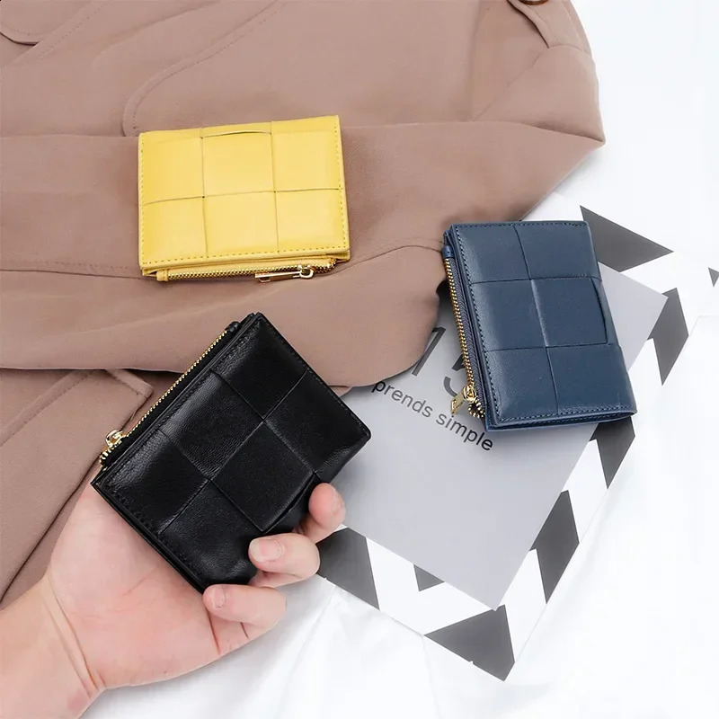 Fashion Knitting Short Wallet for Women Genuine Sheepskin Leather Zipper Coin Purse Female Fashion Money Clip 240820