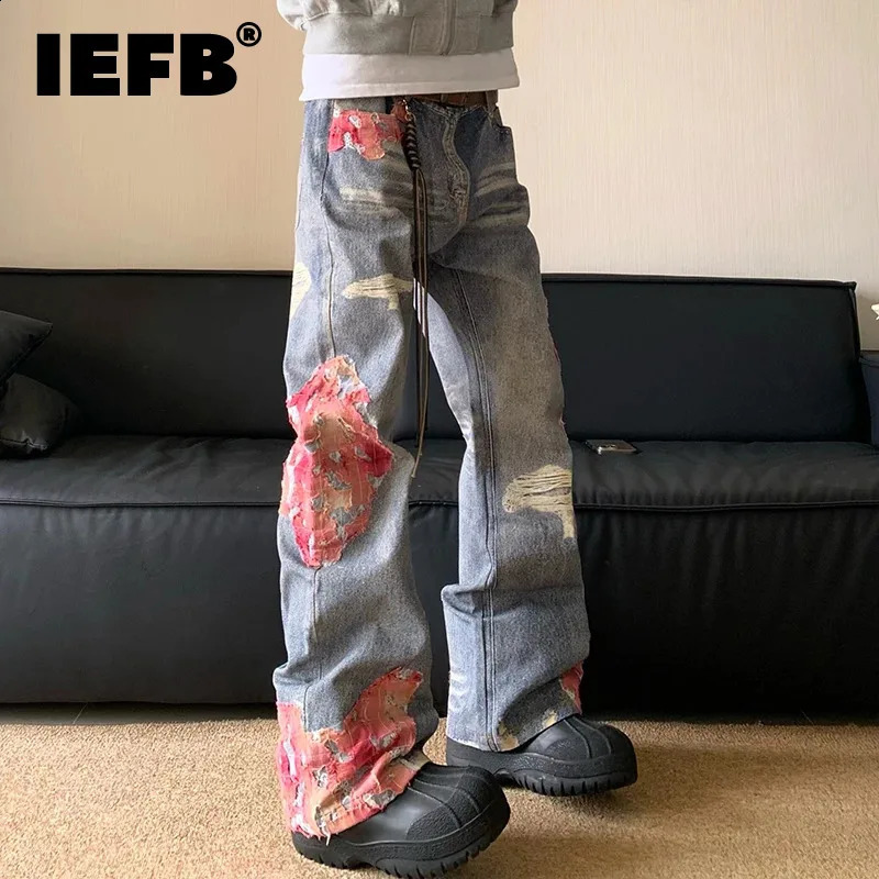 IEFB American Style High Street Denim Jeans Micro Horn Printing Splicing Contrast Color High Street Fashion Male Trousers 240821
