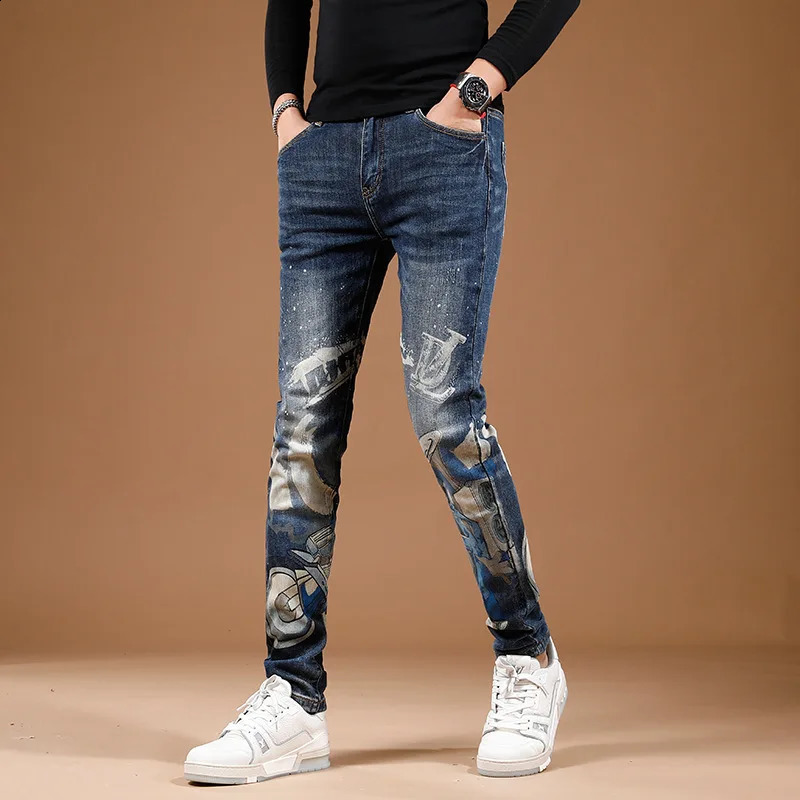 fashion printed personalized jeans for mens street slim fit elastic feet high end trendy denim pants 240821