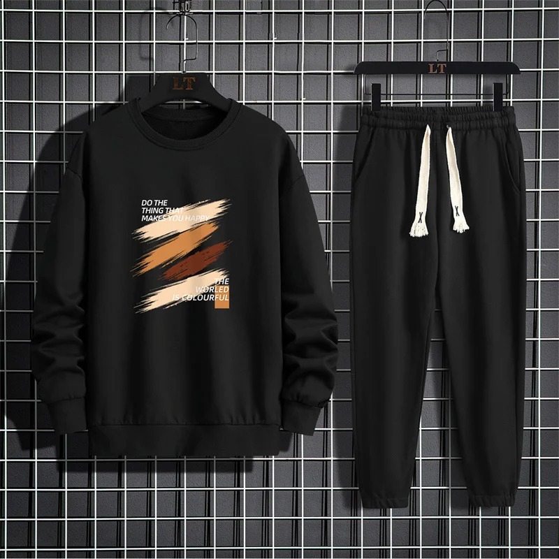 Spring/Summer Mens Casual Set American Round Neck Long Sleeve Loose Sweatshirt Two Piece Casual Sweatpants Set 240827