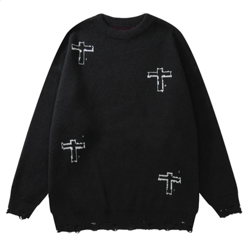 Y2K Grunge Vintage Sweaters Streetwear Hip Hop Ripped Hole Knitted Cross Punk Gothic Jumpers Fashion Harajuku Knit Pullover 240821