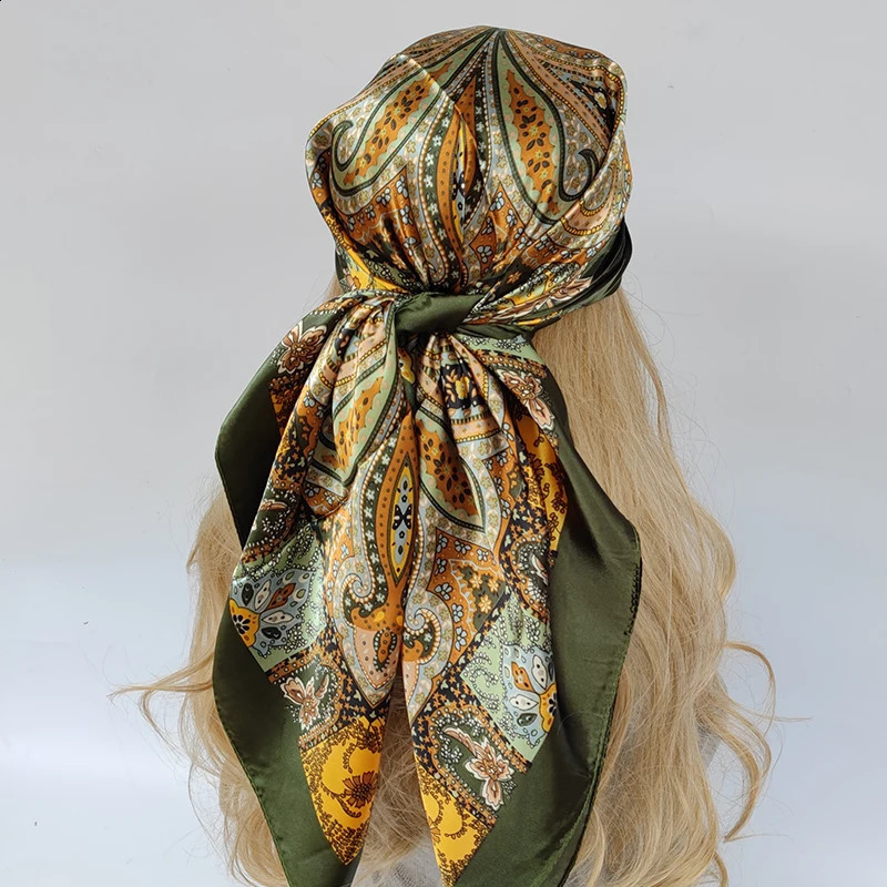 90 90cm Fashion Silk Scarf Headscarf Womens Retro Four Seasons Hair Foulard Bandana 240812