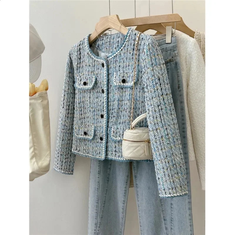 Autumn Winter Coat Advanced Sense Blue Tweed Woven Jacket Women French Temperament Outwear Small Fragrance Tops Female 240821