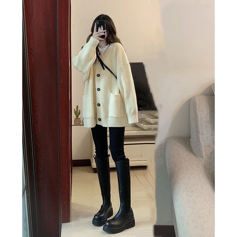 V-neck lazy style cardigan 2024 new simple sweater women's autumn and winter casual loose knitted jacket