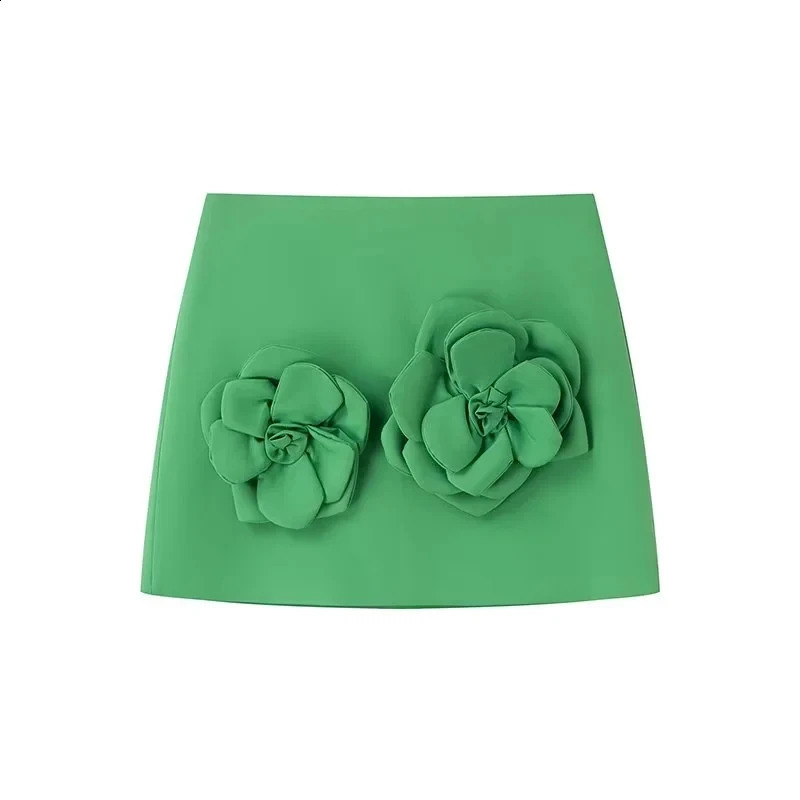 TRAF Sleeveless Crop Top Woman Flower Skirt 2 Piece Set Y2K Summer Green Mini Skirt And Blouse Set Round Neck Beige Skirt Set 240813