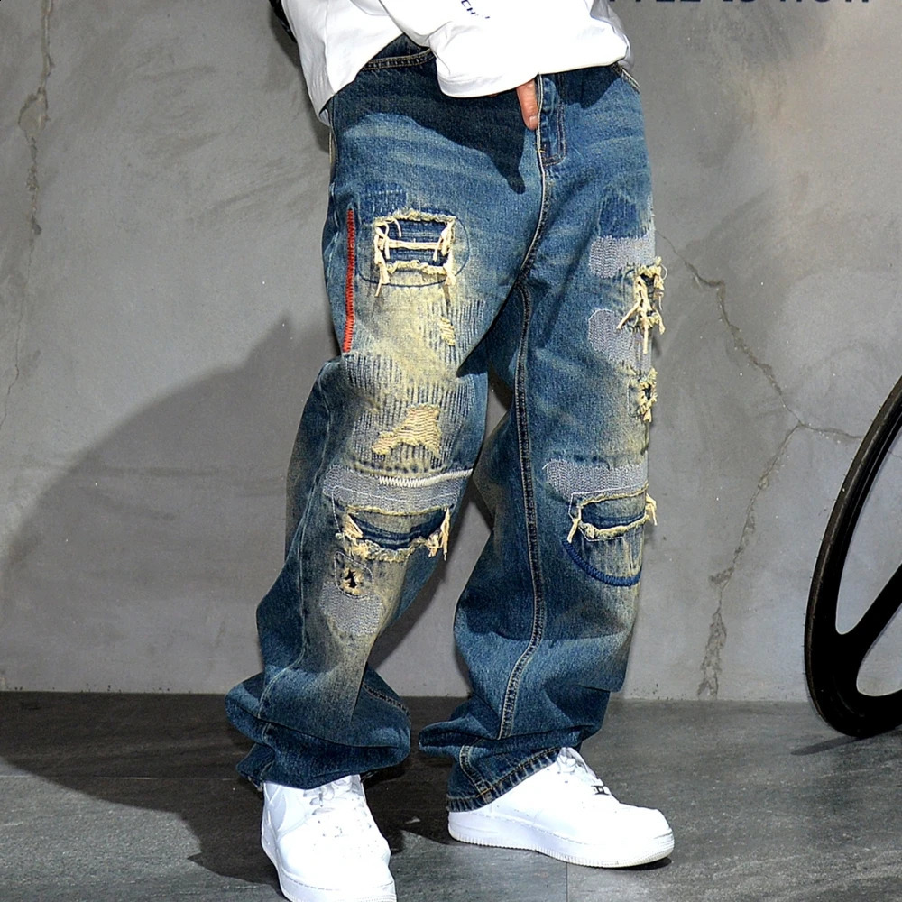 American Streetwear Ripped Patch Jeans Hip Hop Baggy Jeans Mens Clothing Vintage Denim Cargo Pants Japanese Harajuku Trousers 240821