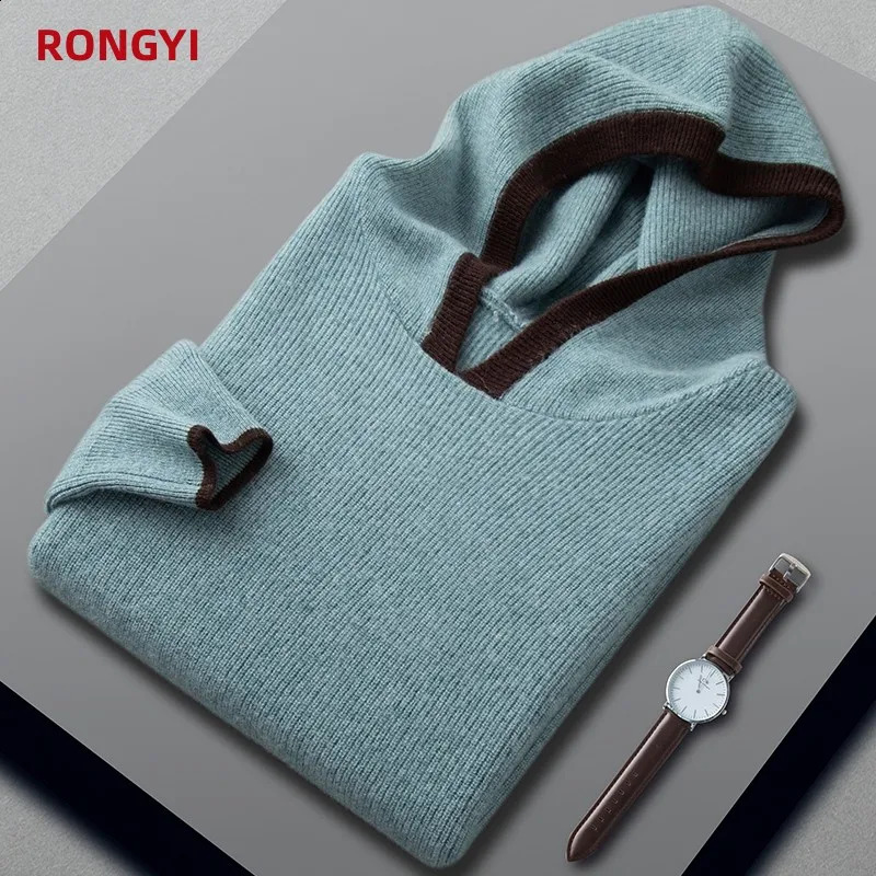 RONGYI 100% Pure Goat Cashmere Mens Sweater Pullover Autumn And Winter Thickened Keep Warm Casual Hooded Knitted Loose Top 240821
