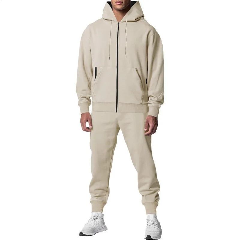 Cross border autumn and winter mens solid color long sleeved mens hooded sports and leisure wool warm suit 240827