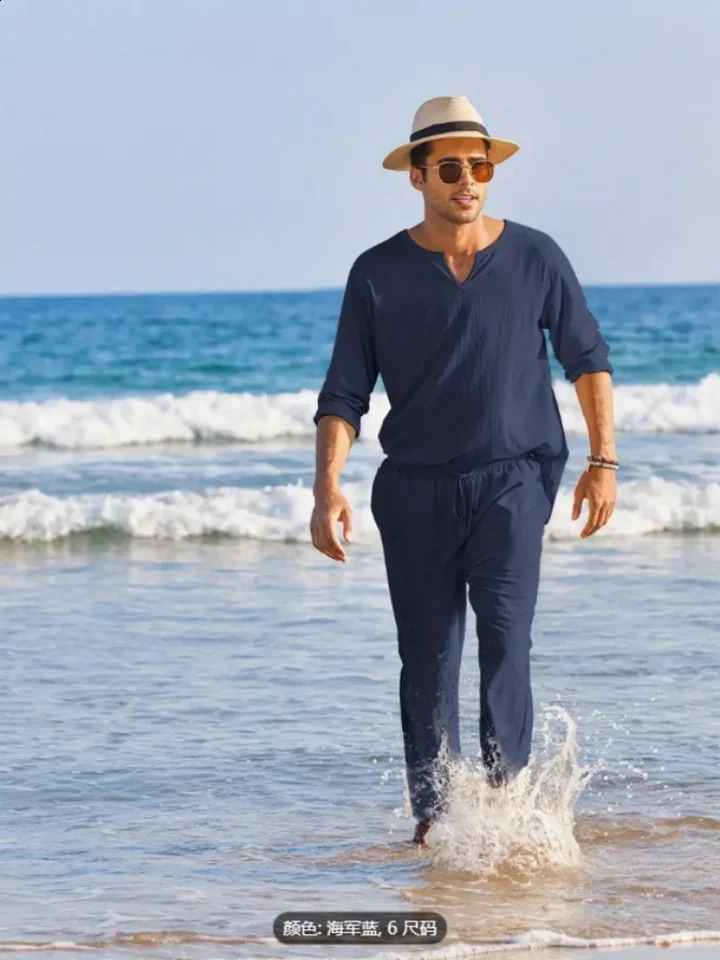 Casual Solid color mens two-piece spring/summer loose V-neck long sleeve top and pants suit mens casual streetwear 240821