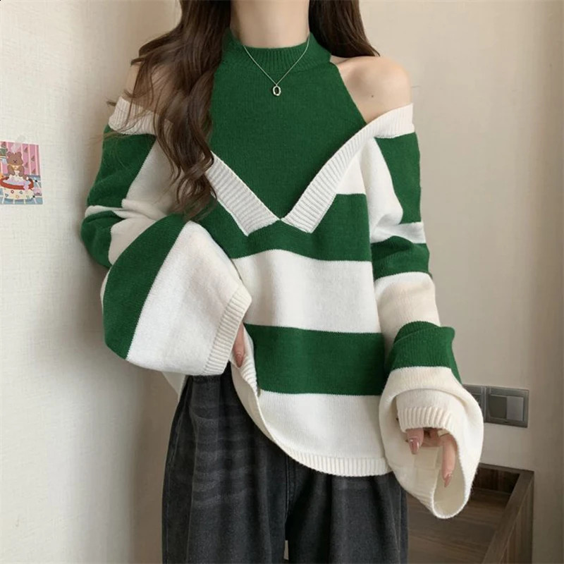 Y2K striped camisole womens sweater Korean knitted loose patch work pullout autumn preparatory style fully matched fashionable top 240821