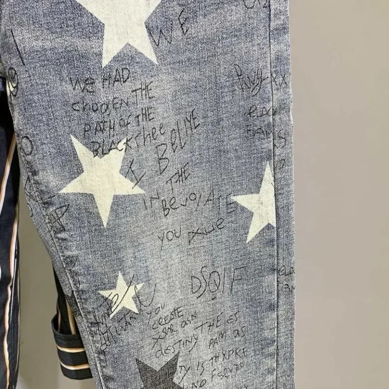 Trousers Star Man Cowboy Pants Cropped Elastic Mens Jeans Stretch Light Blue with Print Clothes Y2k 2000s Spring Autumn Washed 240821