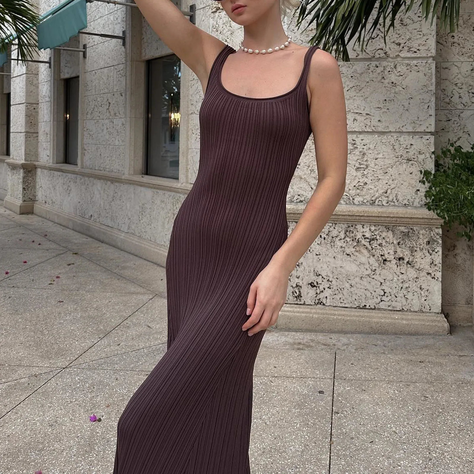 Hirigin Summer Knit Sleeveless Dress for Women V Neck Midi Bodycon Sweater Dress Casual Cut Out Front Tank Dress 2024 Trends 240821