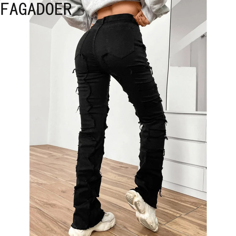 FAGADOER Embroidery Stacked Denim Pants Women High Waist Button Straight Jean Trousers Casual Elastic Cowboy Bottoms Z260313