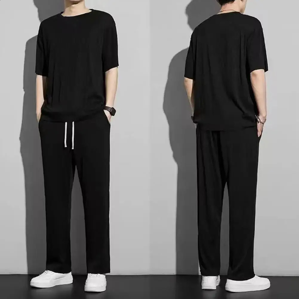 Men Sports Suit Mens Summer Casual Outfit O-neck Short Sleeve T-shirt Wide Leg Long Pants Set Elastic Drawstring Waist Solid 240821