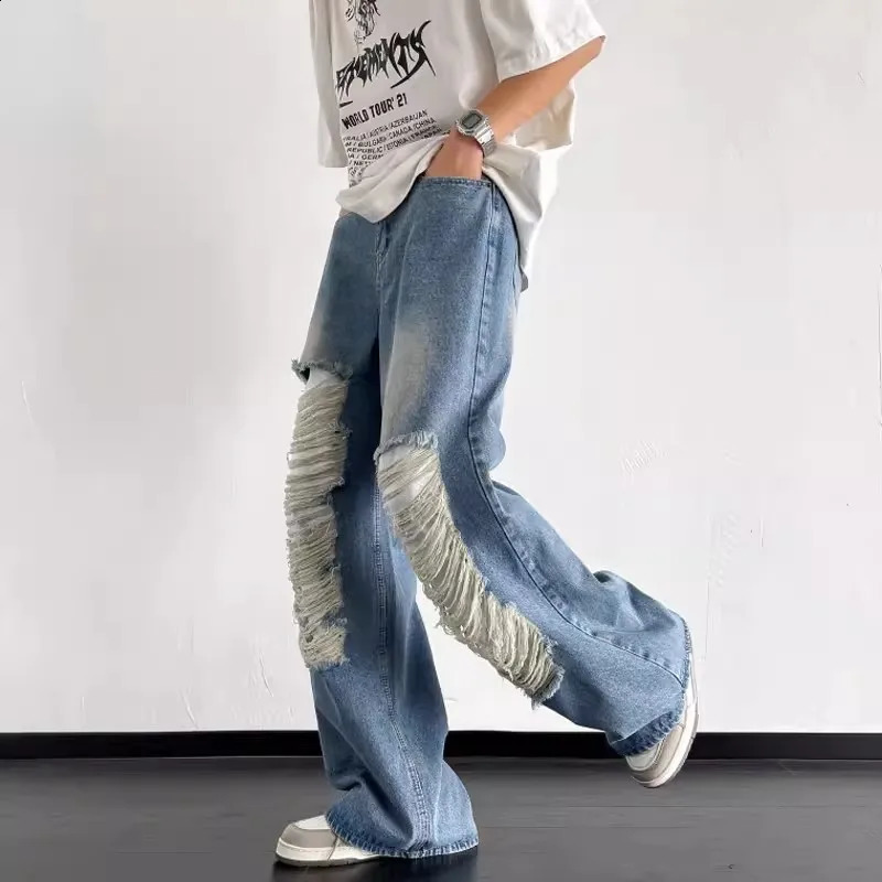 Mens Y2K Clothes Goth Denim Pants Men Wide Leg Ripped Jeans Black High Street Baggy Jeans Wash Streetwear 240821
