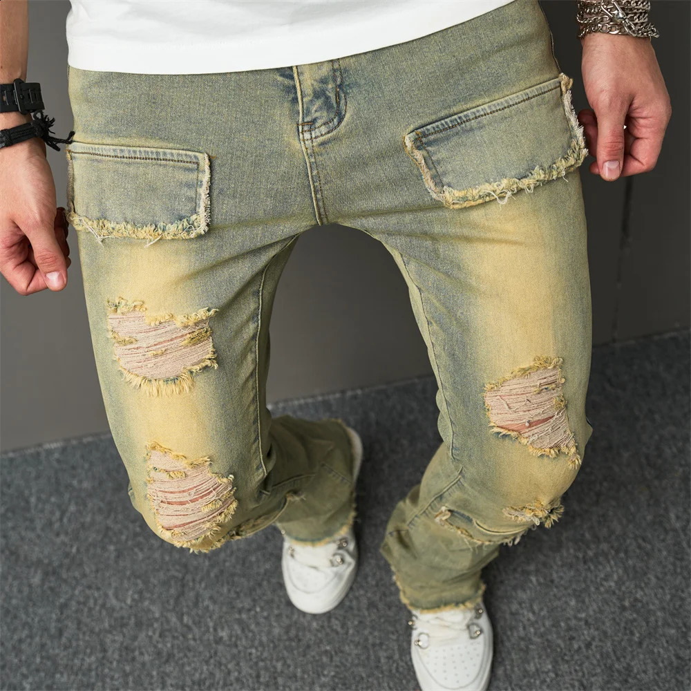 Vintage Style Men Streetwear Holes Spliced Slim Jeans Trousers Hip hop Stylish Distressed Stretch Denim Pants For Male 240821