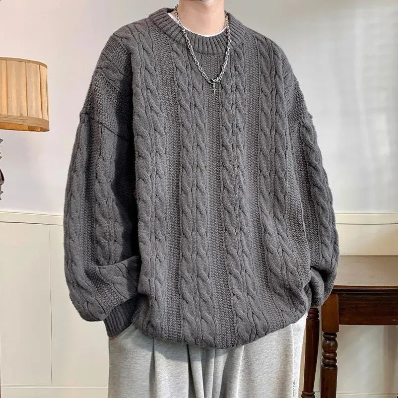 Solid Colour Ribbed Twist Pattern Round Neck Pullover Sweater Men Women Autumn Winter Couple Loose Knitted Woolen Top Warm Soft 240821