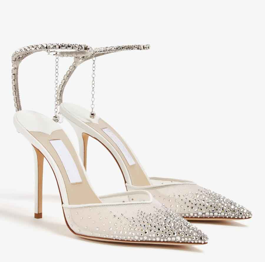 Bridal Wedding Women Shoes | Elegant Saeda Sandals Pointed Toe Mesh Rhinestone & Crystal-embellished Anklet High Heels Lady Gladiator Sandalias EU35-43