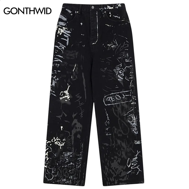 Hip Hop Black Jeans Y2K Men Graffiti Print Straight Wide Baggy Loose Denim Pants Streetwear Harajuku Fashion Punk Trousers 240821