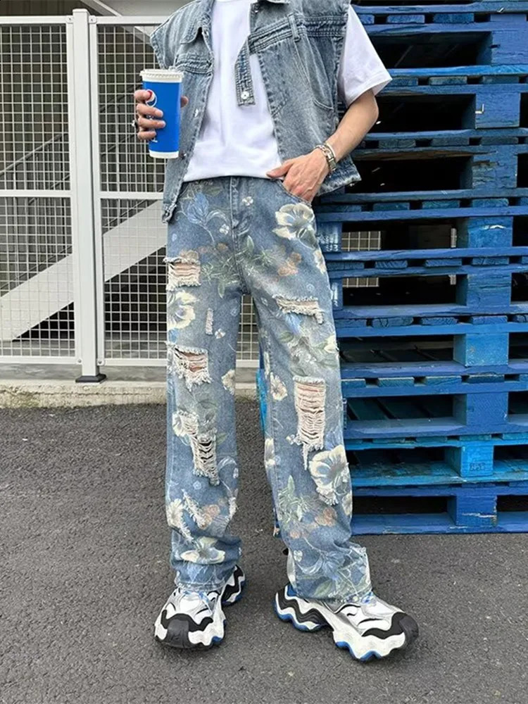 Ropa Y2K Streetwear Flowers Print Ripped Baggy Jeans Pants Men n Clothes Straight Grunge Denim Trousers Pantalon Homme 240821