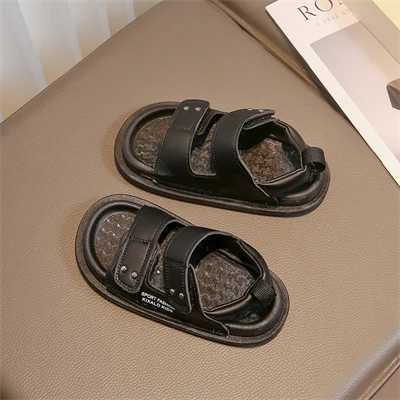 Childrens non slip soft sole black/beige leather sandals boys and girls 2024 summer new PU beach shoes size 26-36 W240821