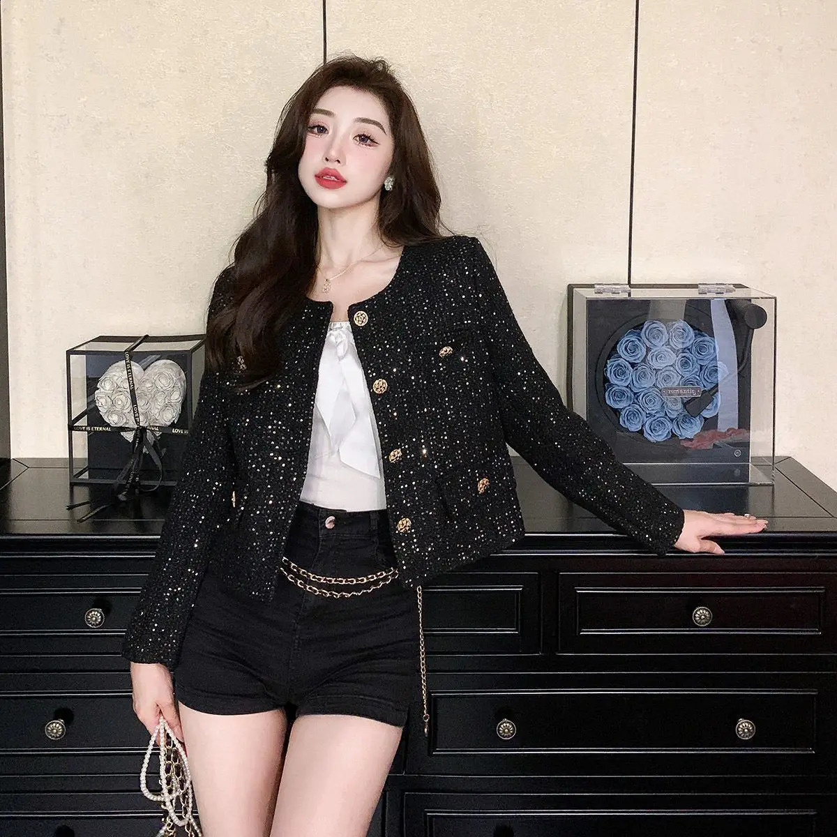 Short Jackets for Women Small Fragrance Spring Autumn Vintage Fashion Tweed Jacket O Neck Sequin Button Up Coats C31 240821