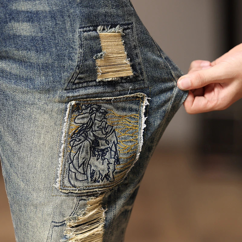Personality Embroidery Jeans Mens Skinny Tappered Pants Scrape Patch Pu Shuai Ripped Trendy Motorcycle Trousers 240821