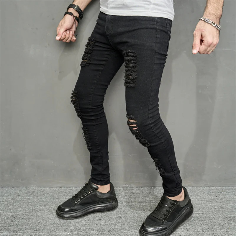 Streetwear Ripped Slim Men Pencil Jeans Pants Stylish Male Hip Hop Stretch Holes Casual Denim Trousers 240821