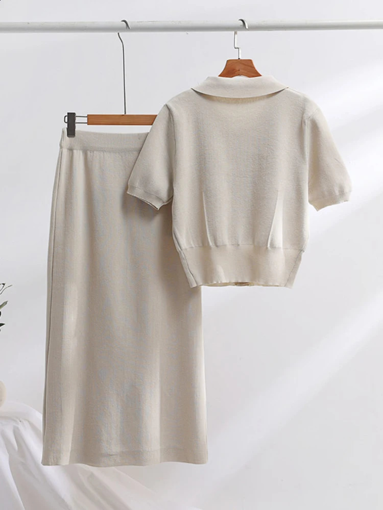 XFPV Women Sweet Lapel Short Sleeved Sweater long slim Skirt Knitted Two-piece Set Y2k Korean Fashion Autumn Winter SM11451 240820