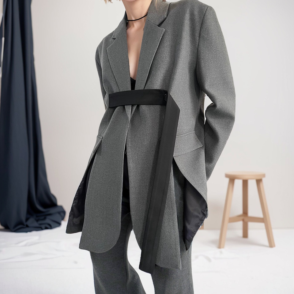 Color blocking loop design spliced jacket for women's spring new style with slit hem, niche trend loose suit
