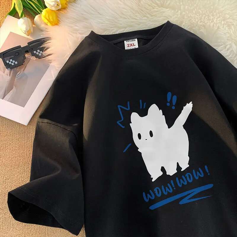 Summer 2024 Casual Retro Kitten Print Short Sleeved American Street Men and Women Loose Trend Graphic T-shirt Haruku