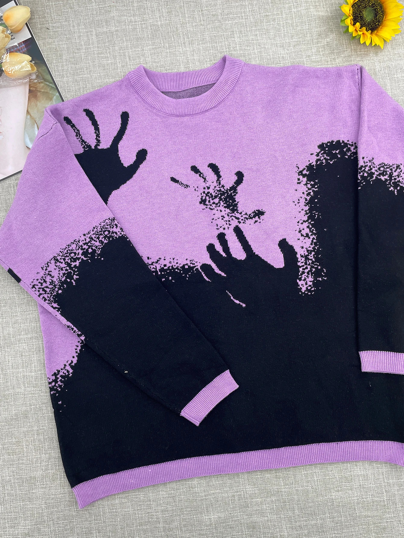 Purple Y2k Hip Hop Street Clothing Knitted Sweater Gothic Printed Pullover Winter Long Sleeve Womens Oversized 240821