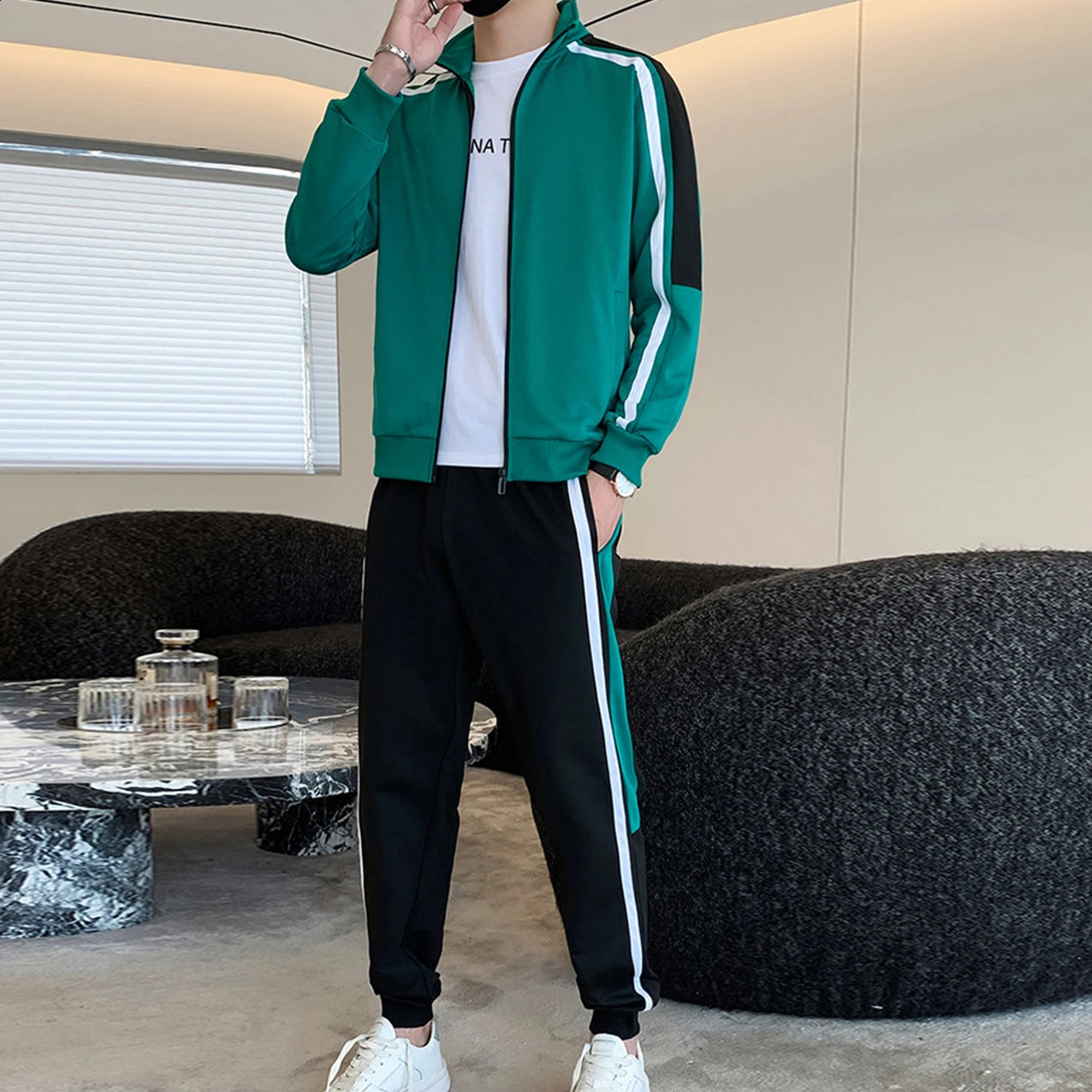 Fashion Korean Version Mens Patchwork Zippered SportswearPants Set Spring Autumn Leisure Jogging Fitness Two-Piece Set 240821