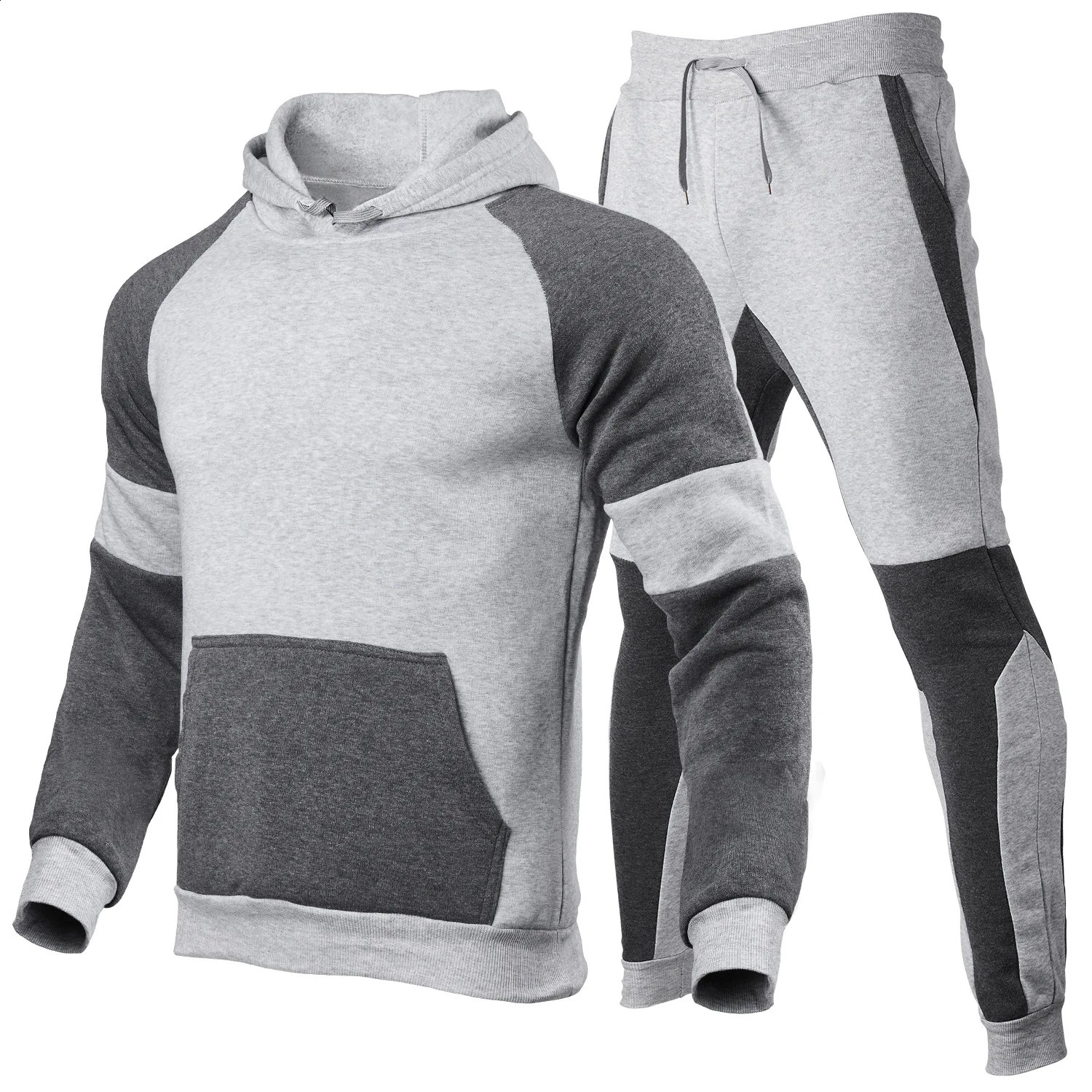 Mens casual multi-stitching plus fleece off-shoulder hoodie suit fashion sports suit 240821