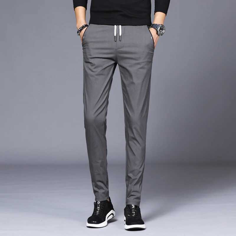 Mens thin pants 2024 summer new elastic ultra-thin slim fit Trouser lace up elastic waist casual solid straight leg pants fashionable streetwearW24072