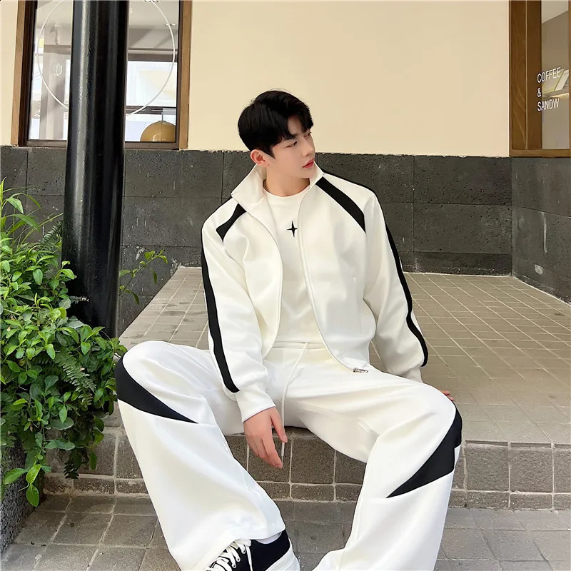 NOYMEI Personality Contrast Color n Korean Casual Loose Mens Two Pieces Set Zipper Coat Straight Pants Autumn Suits WA2937 240821