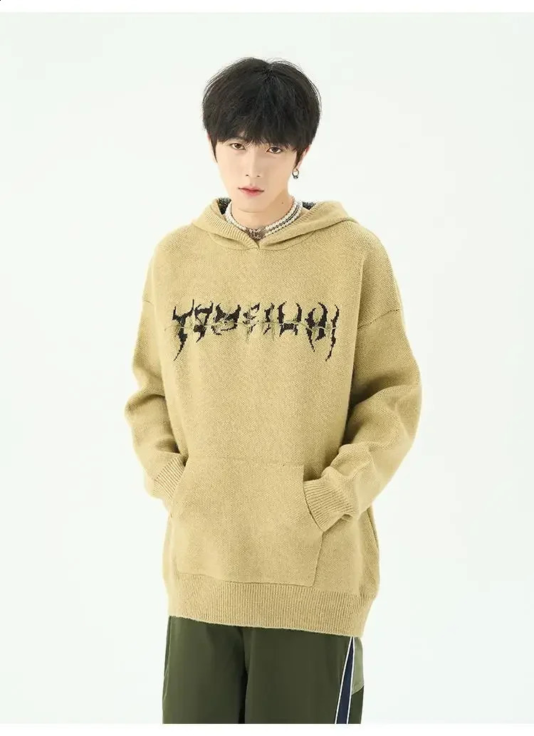 Y2k Men Sweater Graphic Print Slouchy Hooded Sweaters For Men In Winter Vintage Knit Black Sweater Trend Top Harajuku Streetwear 240821