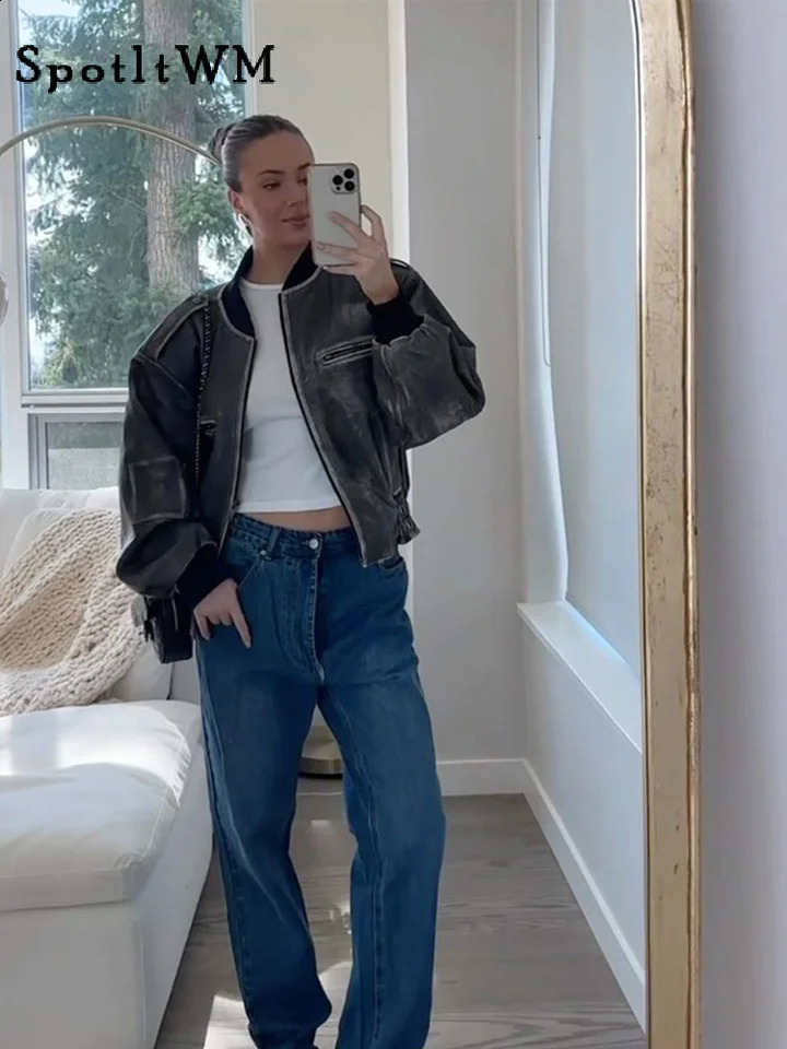 Vintage Solid Zipper Pocket O-neck Women Coat Casual Long Sleeved Button Pilot Jacket High Street Motorcycle Outerwears 240820