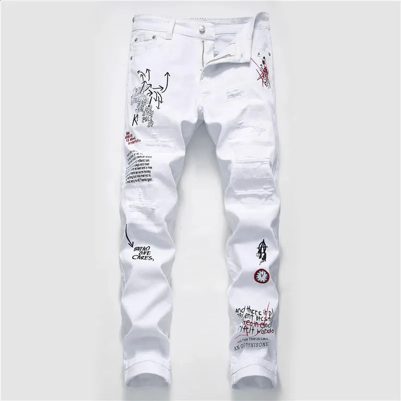 Men Streetwear personality Ripped printed white skinny Jeans Hip Hop Punk Casual motorcycle stretch denim jeans trousers 240821