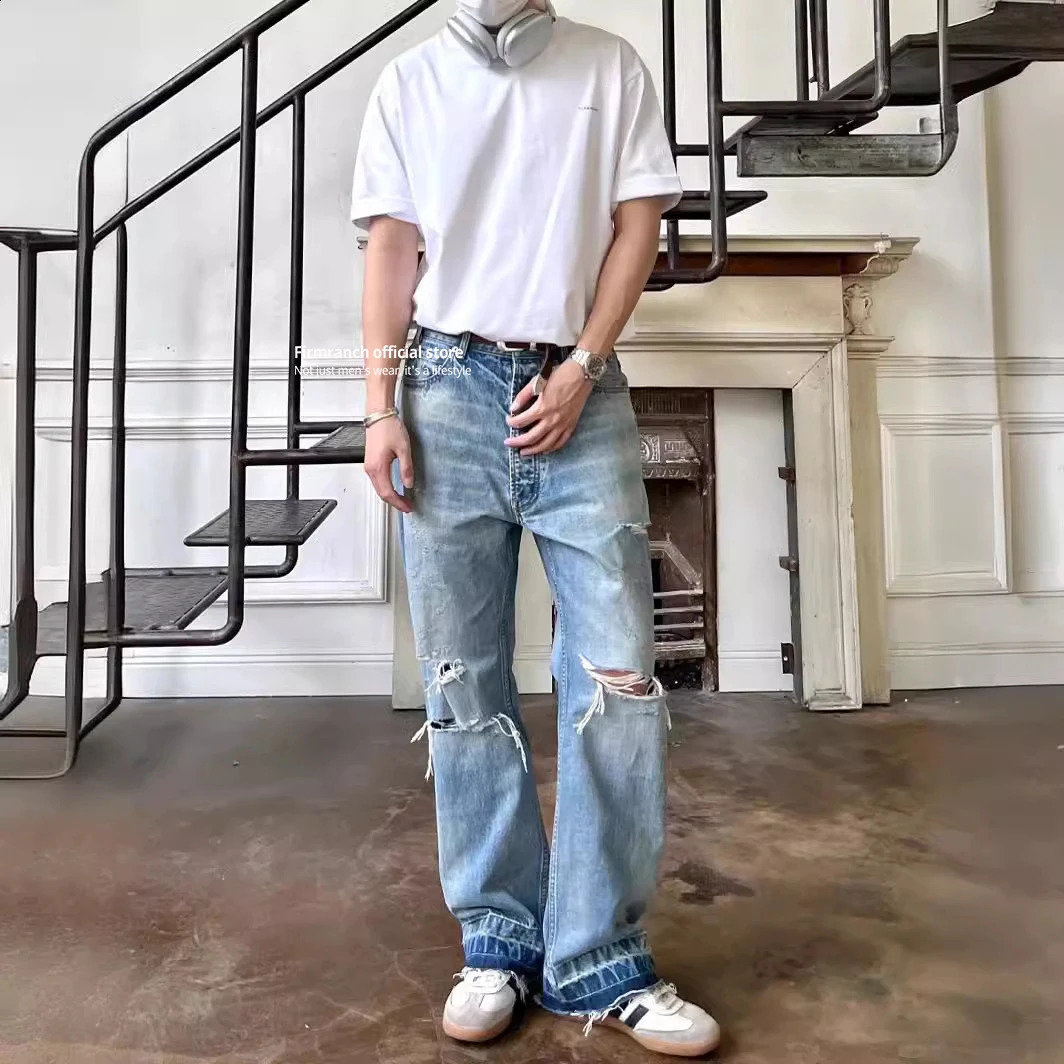 Firmranch Top Wash Blue Ripped Jeans For Men Women Straight Denim Pants Cats Whisker Streetwear Trousers 240821