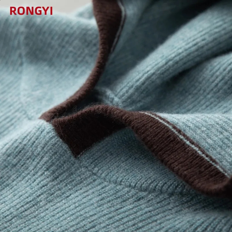 RONGYI 100% Pure Goat Cashmere Mens Sweater Pullover Autumn And Winter Thickened Keep Warm Casual Hooded Knitted Loose Top 240821
