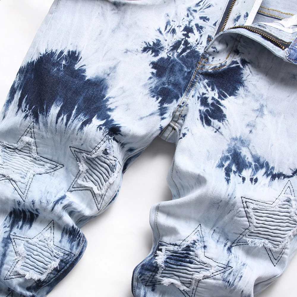Men Pleated Stars Patch Jeans Tie and Dye Stretch Denim Pants Streetwear Printed Hem Slim Straight Trousers 240821